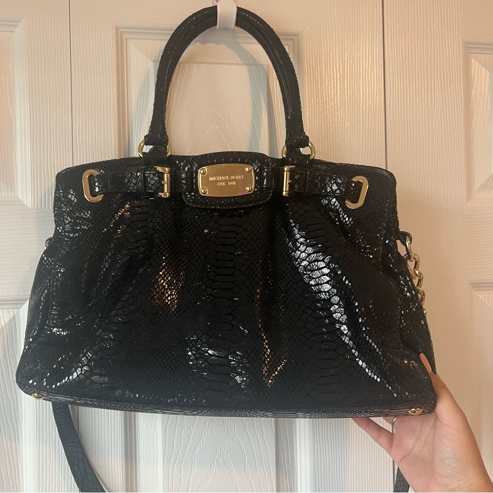 Michael Kors Black Snake Print Hamilton Shoulder Bag Satchel